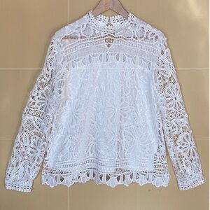 Ultra Pink White Lace Blouse XL Romantic Boho Bridal Cottagecore Pearl Button